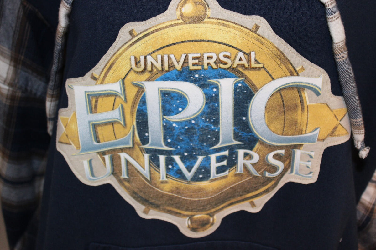Universal Epic Universe Navy Blue Hoodie with Plaid Sleeves, Size Large