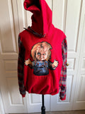 Red Hoodie with Chucky Graphic and Plaid Sleeves, Medium