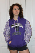 Purple Black Panther Wakanda Hoodie with Checkered Sleeves, Size Large