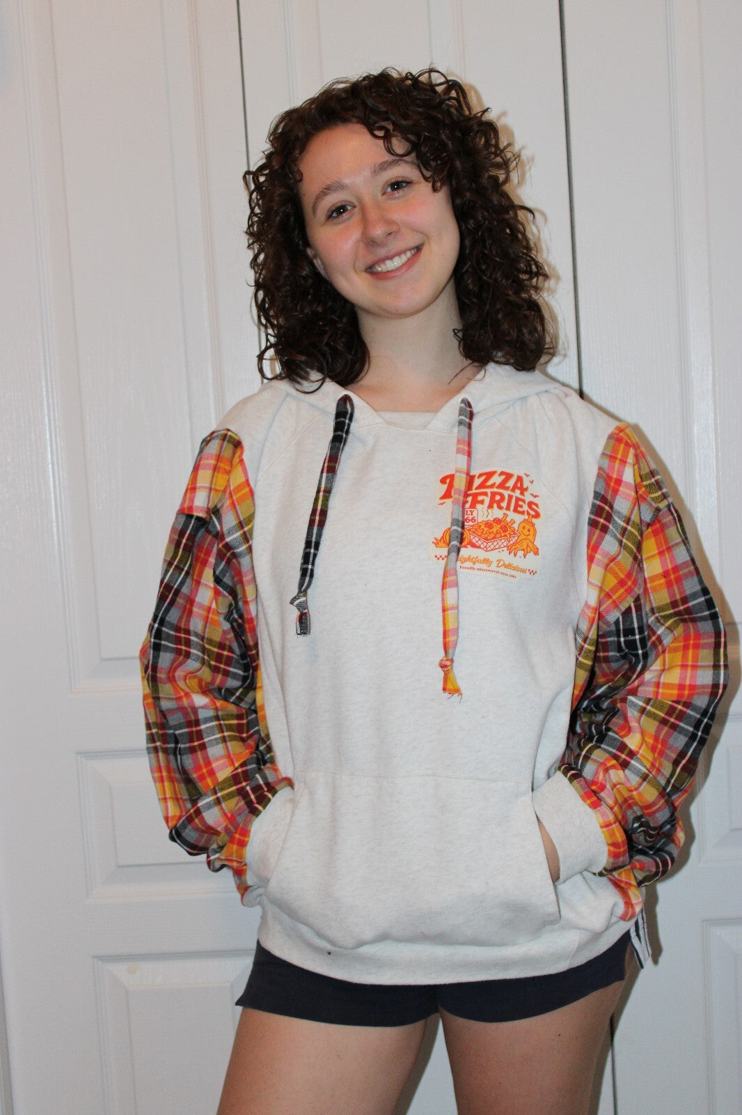 Pizza Fries Graphic Hoodie with Plaid Sleeves - Unique Casual Pullover
