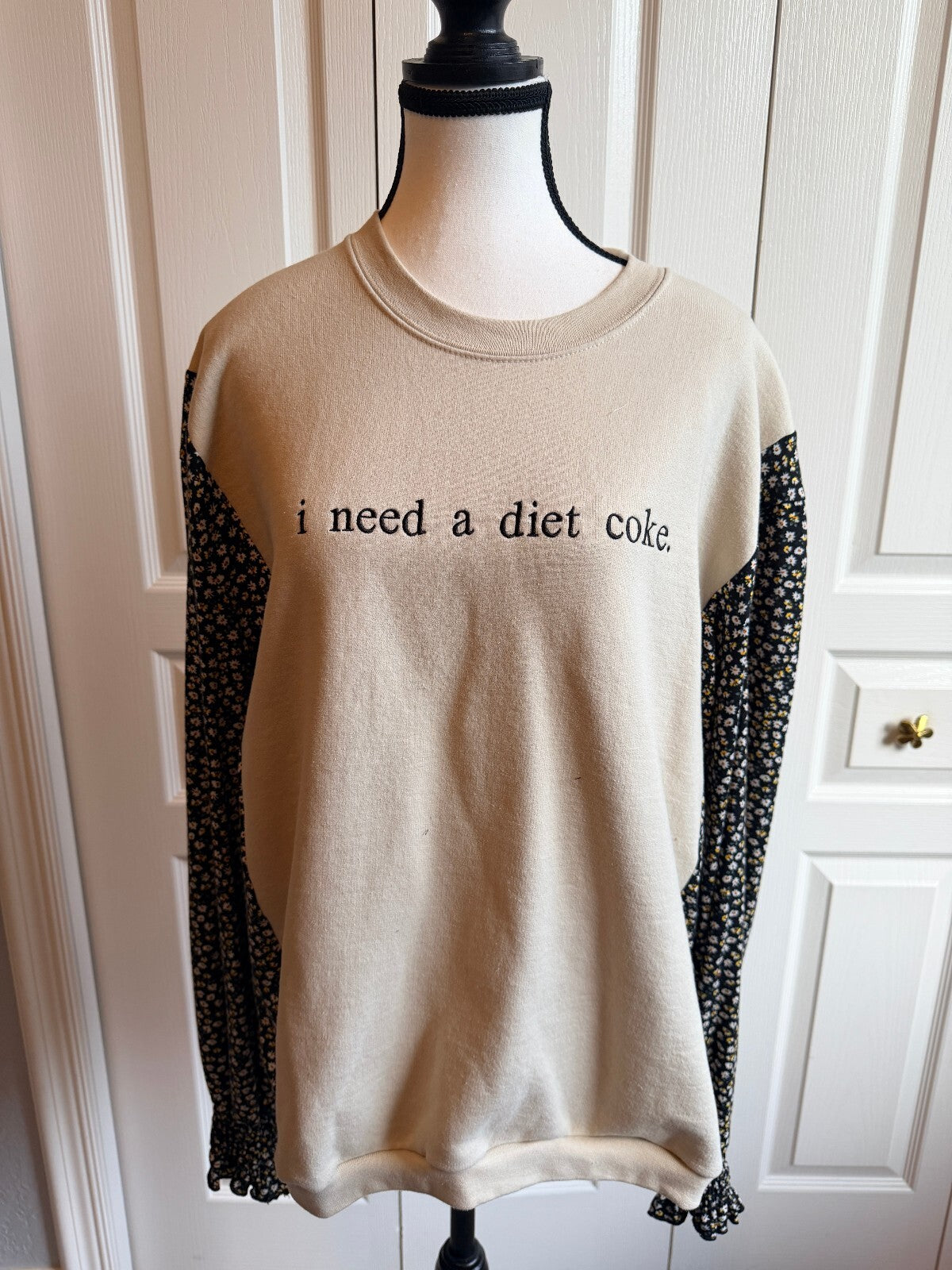 Women's Casual Beige Sweatshirt w/ Floral Print Sleeves & 'i need a diet coke.' embroidered