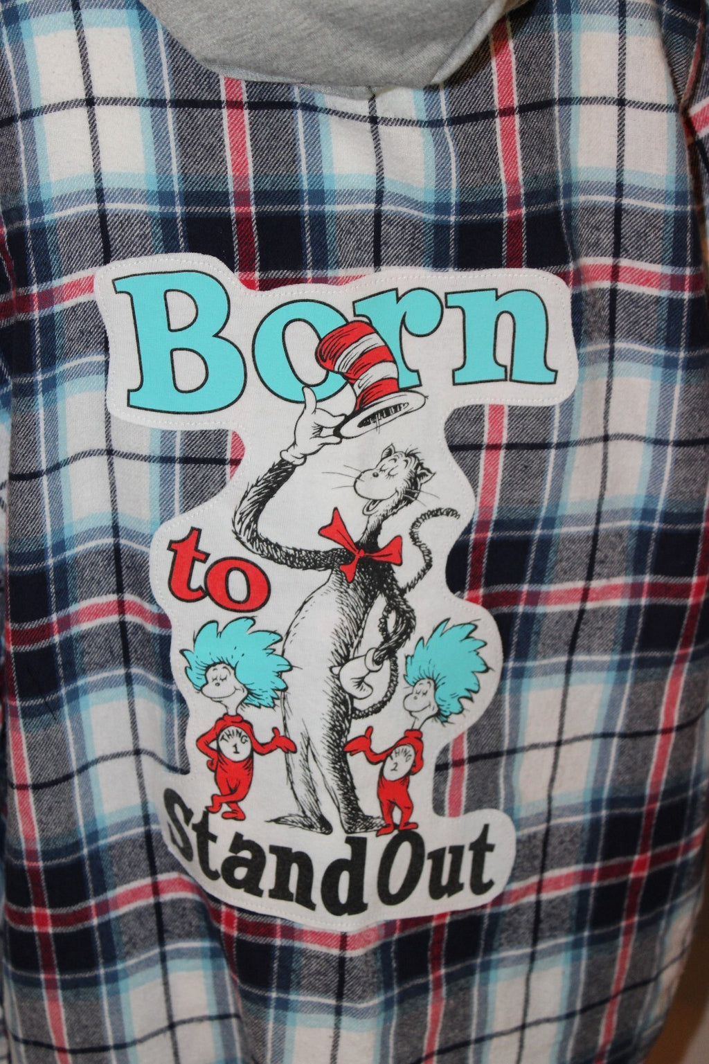 Dr. Seuss Inspired Plaid Flannel Shirt with Hood and 'Born to Stand Out' Graphic Medium