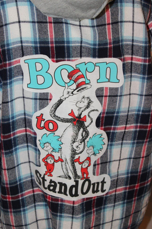 Dr. Seuss Inspired Plaid Flannel Shirt with Hood and 'Born to Stand Out' Graphic Medium