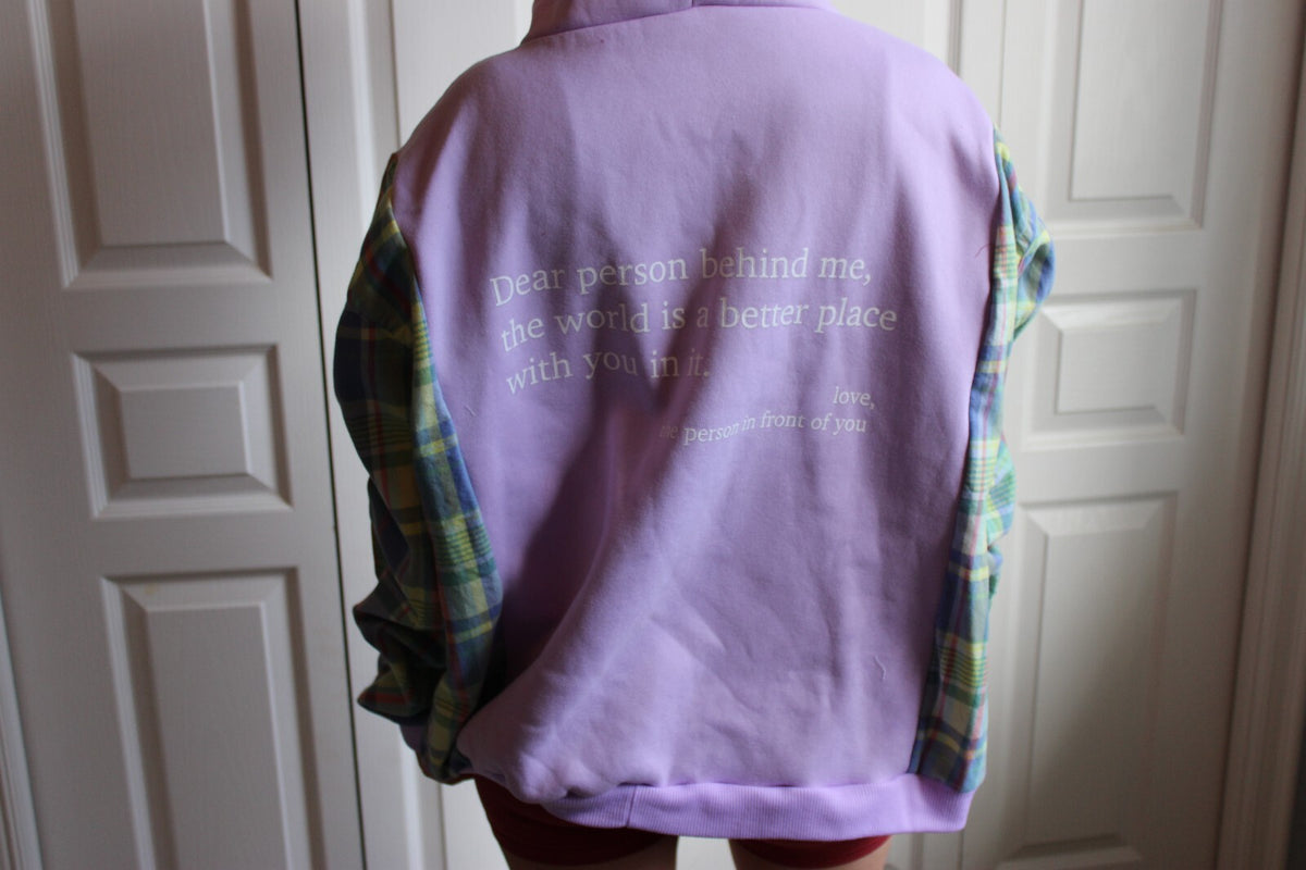Purple Hoodie with Plaid Sleeves and Inspirational Text, Size Large