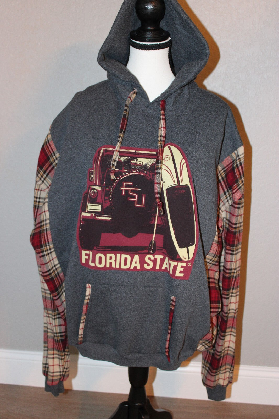 ReWorked Florida State University Hoodie with Plaid Sleeves and Graphic Print, Size XL
