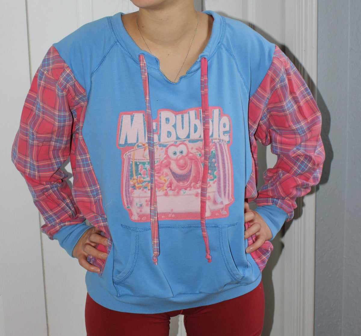Retro Mr. Bubble Sweatshirt, reworked with flannel arms. Size Medium