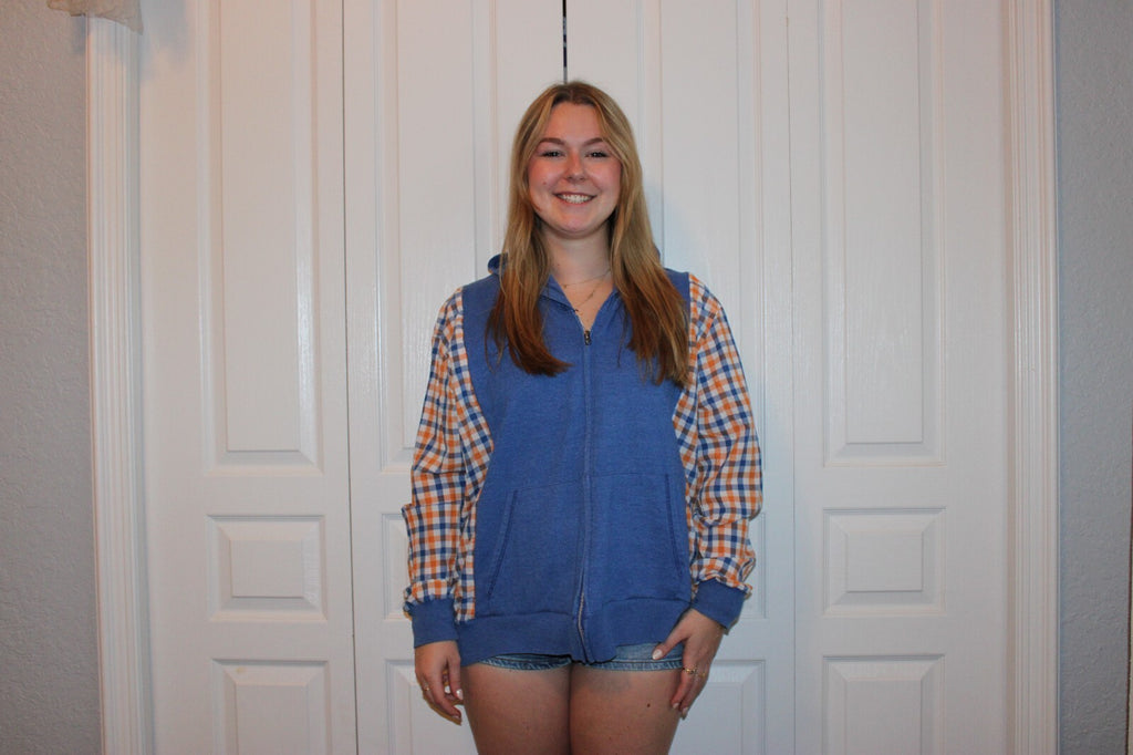 Upcycled Blue Hoodie with Orange Plaid Sleeves and Mr. Owl from Tootsie Roll Lollipops