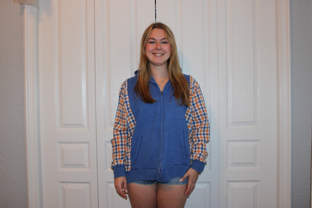 Upcycled Blue Hoodie with Orange Plaid Sleeves and Mr. Owl from Tootsie Roll Lollipops