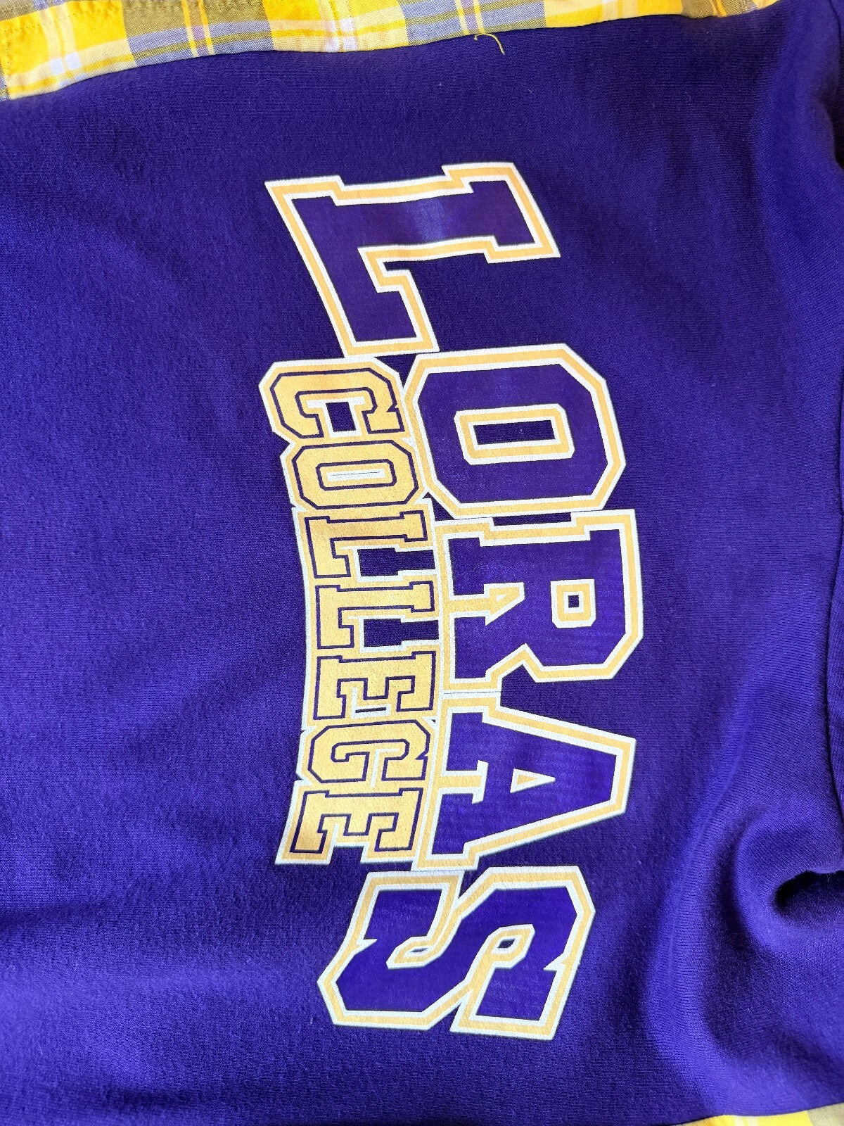 Purple and Yellow Loras College Hoodie with Plaid Sleeves, Size Medium