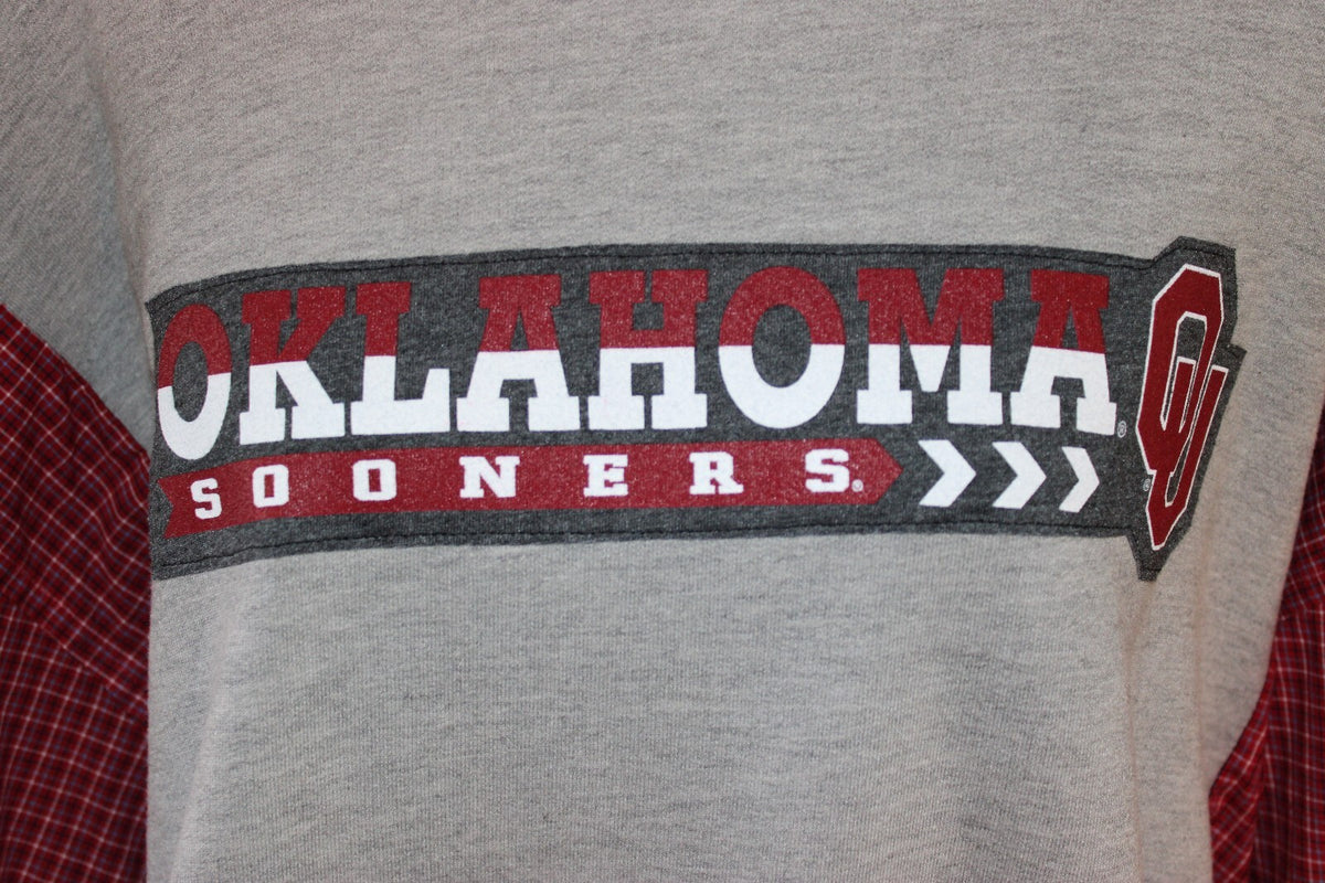 Oklahoma Sooners Vintage Style Crewneck Sweatshirt with Red Plaid Sleeves and Front Pocket