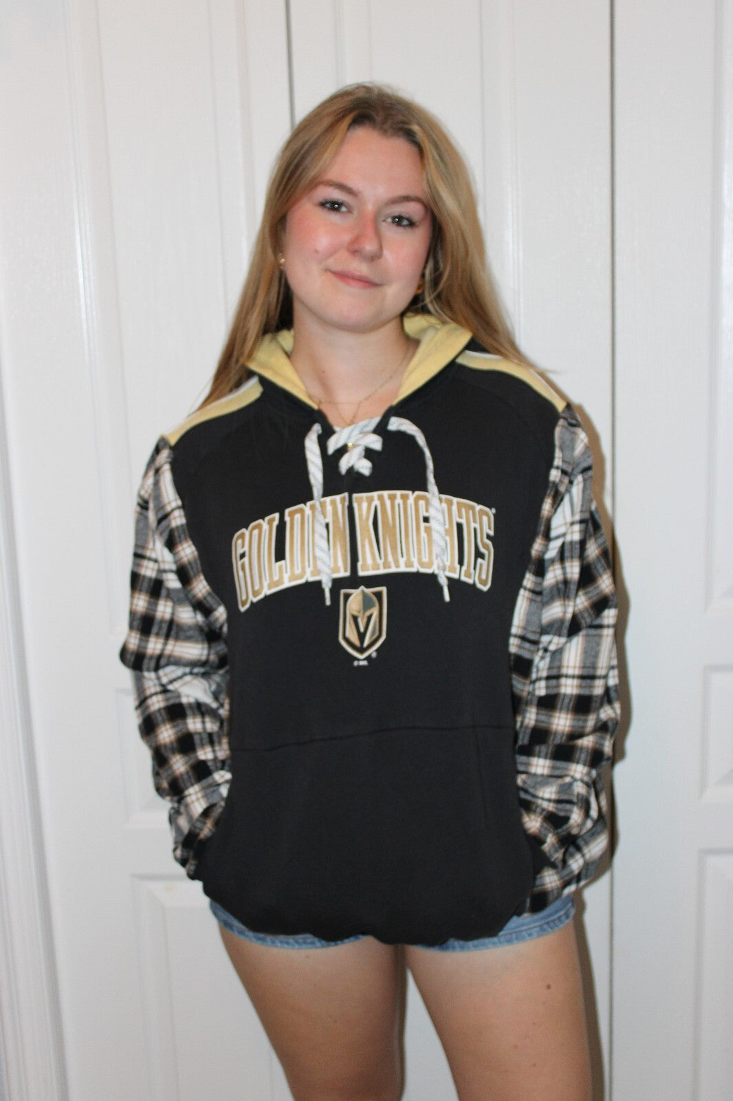 Vegas Golden Knights Black and Plaid Lace-Up Hoodie with Yellow Hood