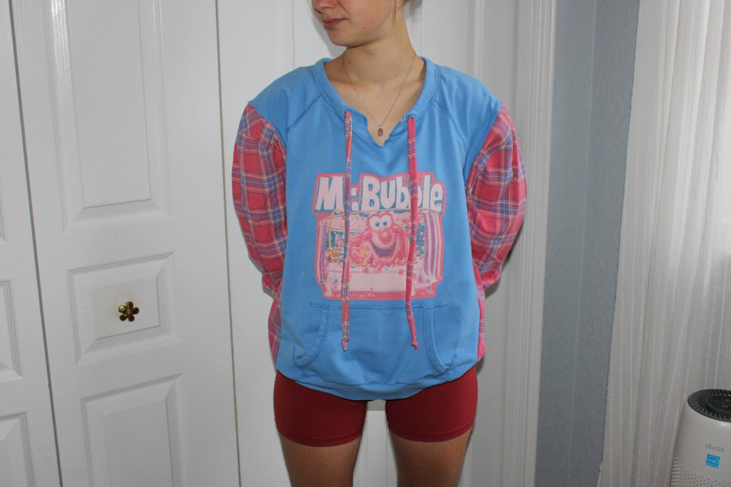 Retro Mr. Bubble Sweatshirt, reworked with flannel arms. Size Medium