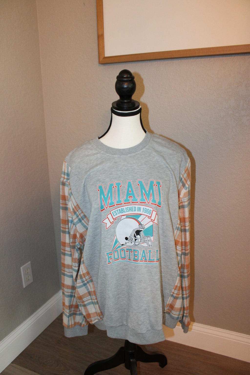 XL Miami Football Long Sleeve Sweatshirt with Plaid Sleeves, 100% Polyester