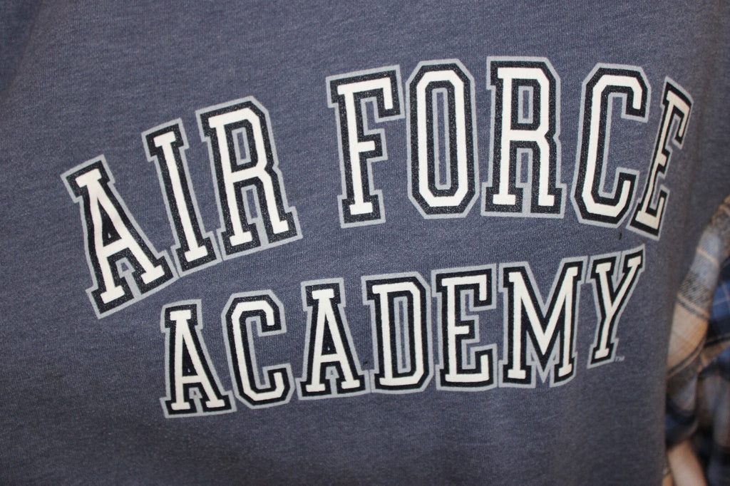 Air Force Academy Hoodie with Blue and Beige Plaid Sleeves, Size Large