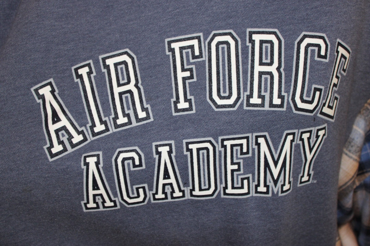 Air Force Academy Hoodie with Blue and Beige Plaid Sleeves, Size Large