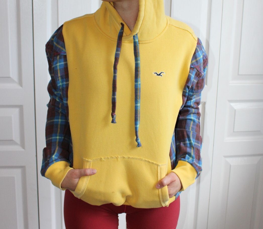 Yellow and Plaid Sleeve Hoodie with Chucky Graphic Design Medium